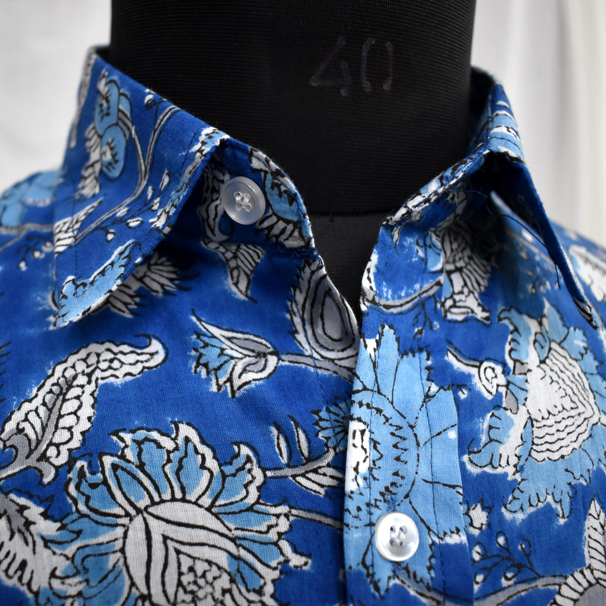 Hand Block Printed Mens Shirt Blue Flower 103499