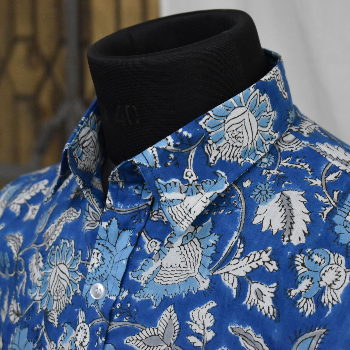 Hand Block Printed Mens Shirt Blue Flower 103499