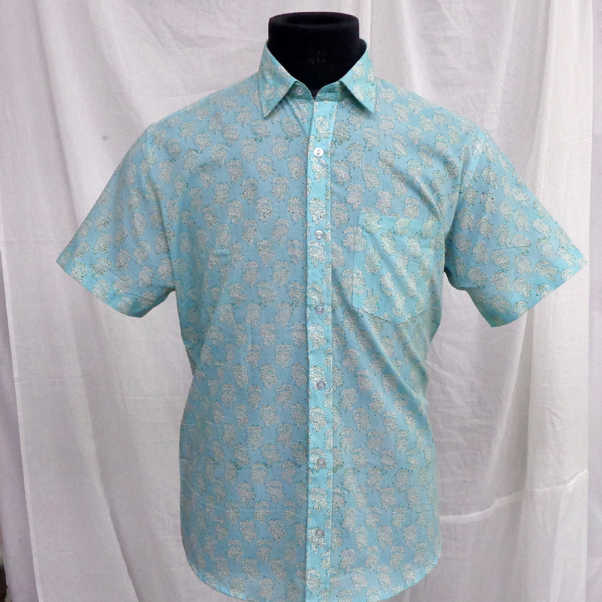 Hand Block Printed Mens Shirt Booti Teal White 103509