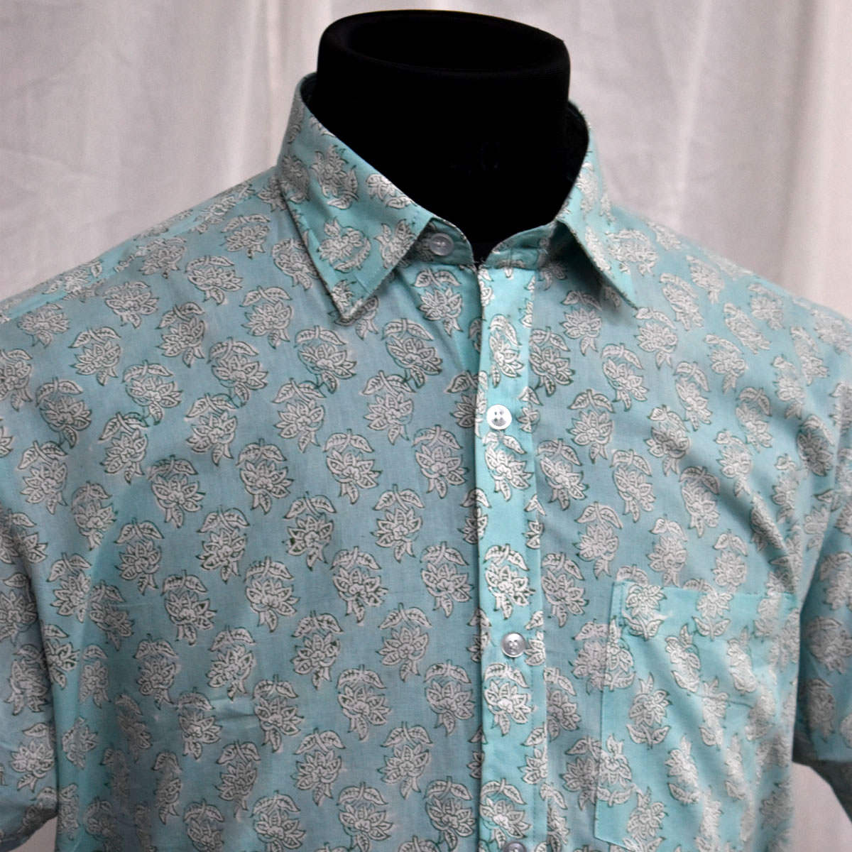 Hand Block Printed Mens Shirt Booti Teal White 103509