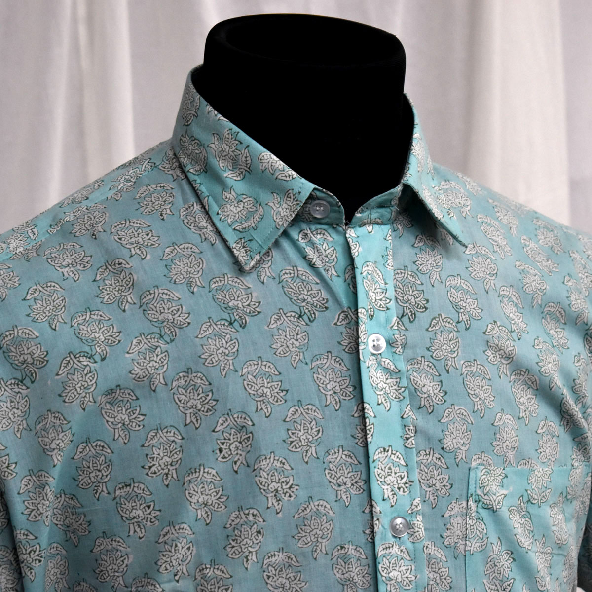 Hand Block Printed Mens Shirt Booti Teal White 103509