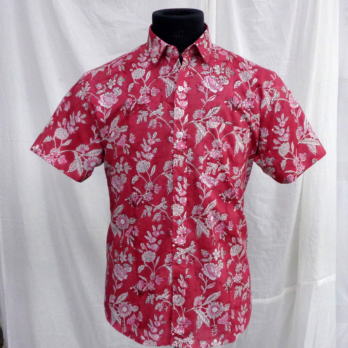 Hand Block Printed Mens Shirt Crimson Red Flower 103507