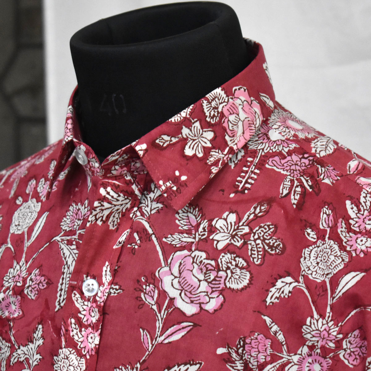 Hand Block Printed Mens Shirt Crimson Red Flower 103507