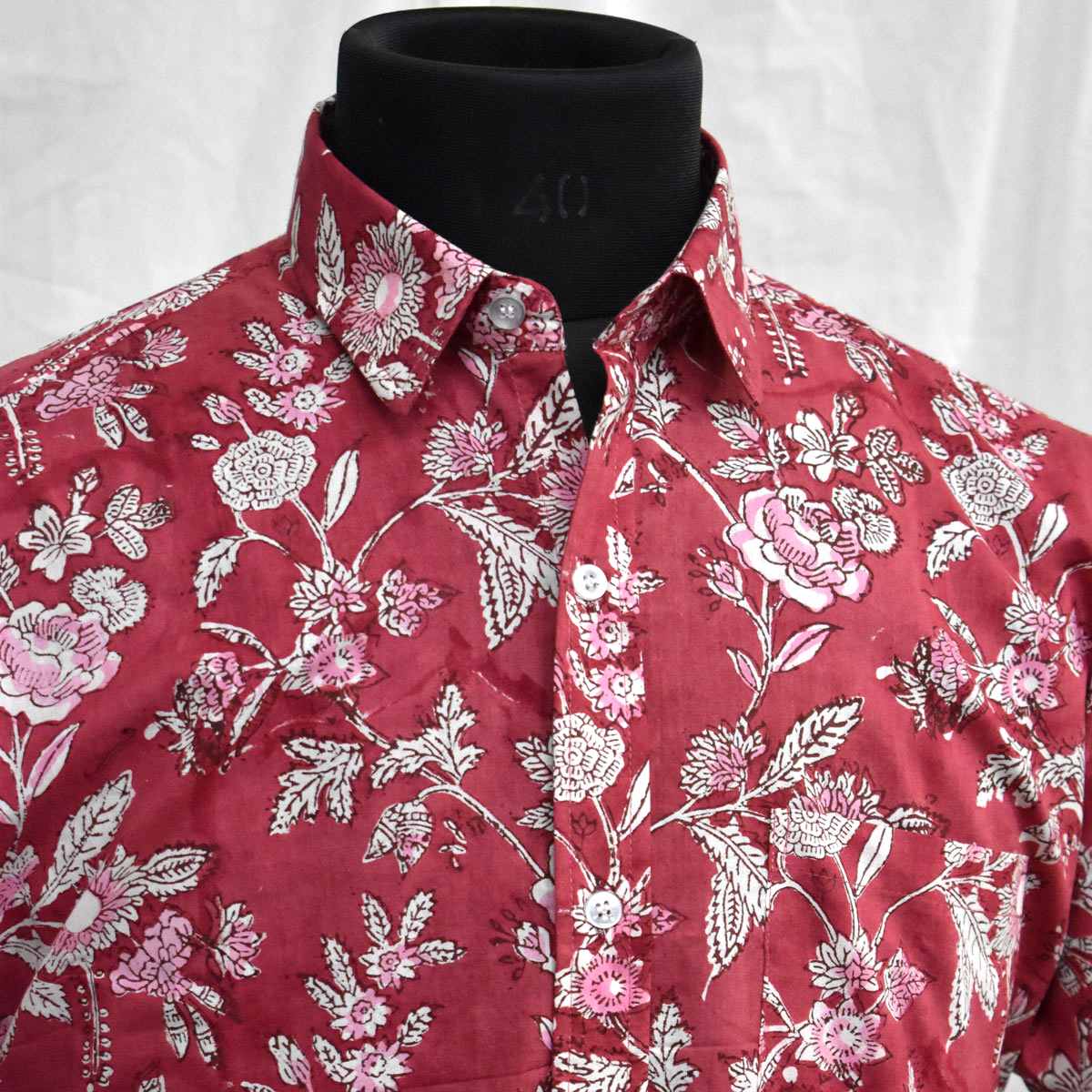 Hand Block Printed Mens Shirt Crimson Red Flower 103507