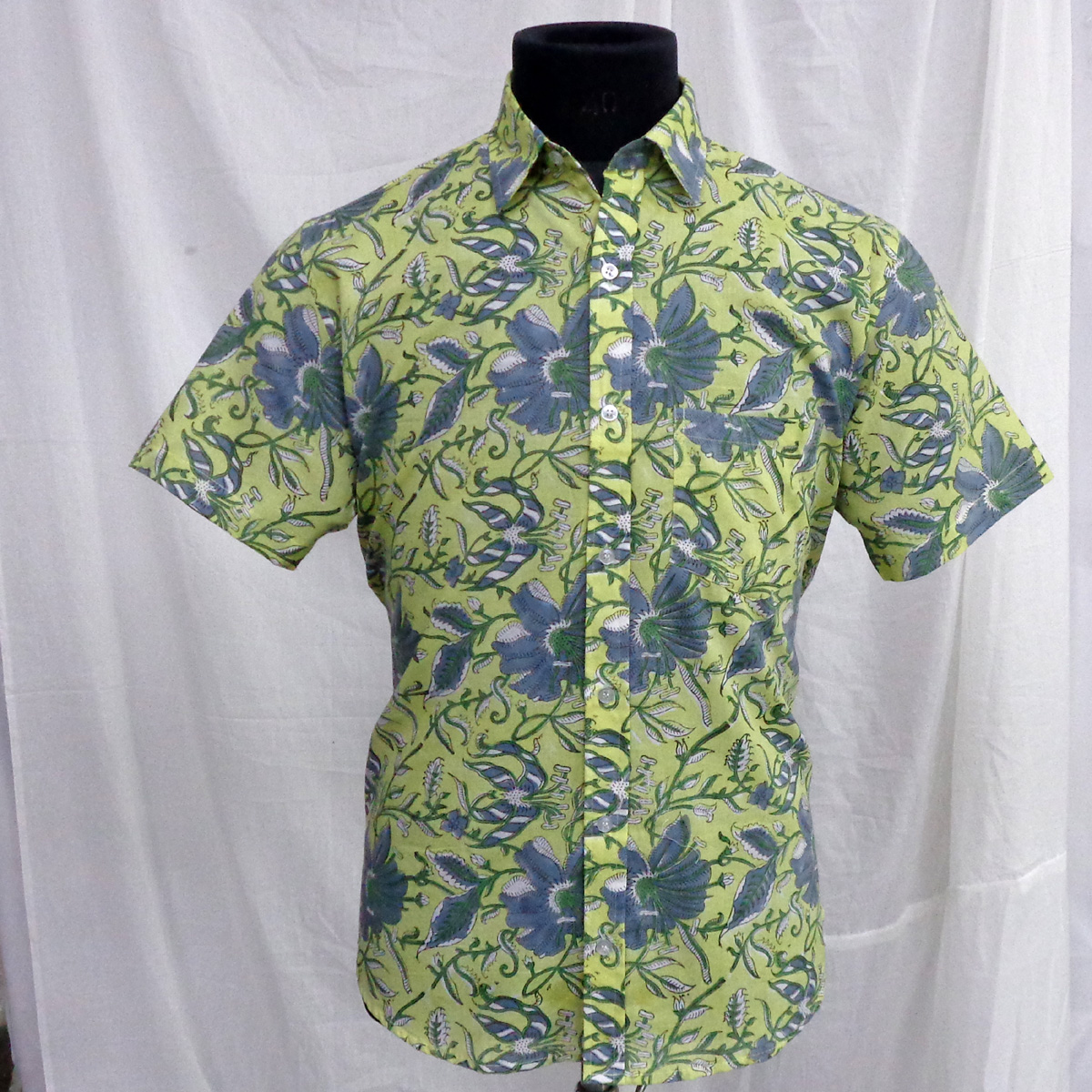 Hand Block Printed Mens Shirt Olive Flower Gud 602183