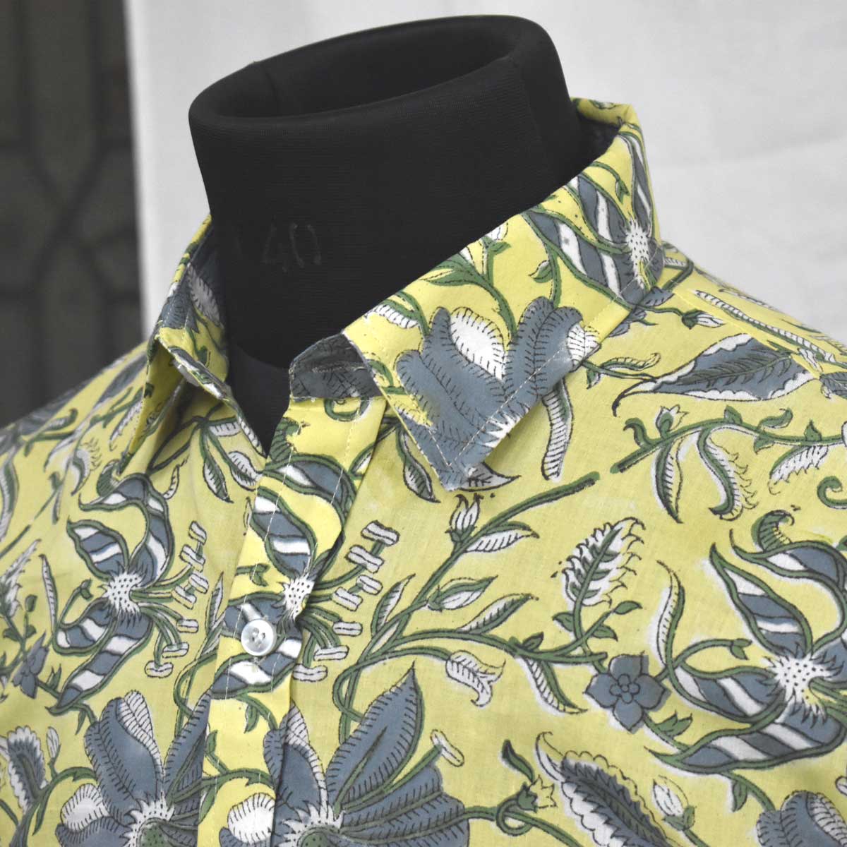 Hand Block Printed Mens Shirt Olive Flower Gud 602183