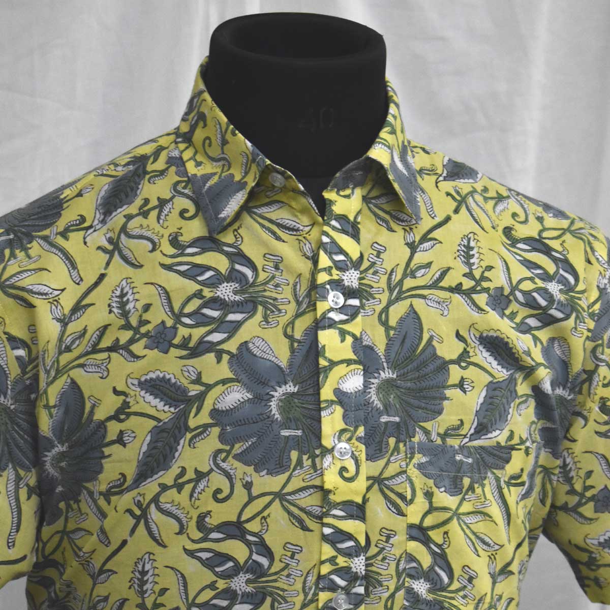 Hand Block Printed Mens Shirt Olive Flower Gud 602183