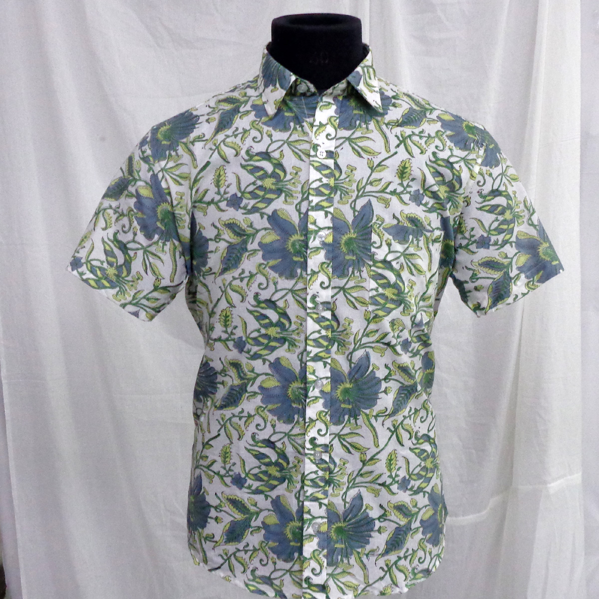 Hand Block Printed Mens Shirt Olive Flower Open 602178