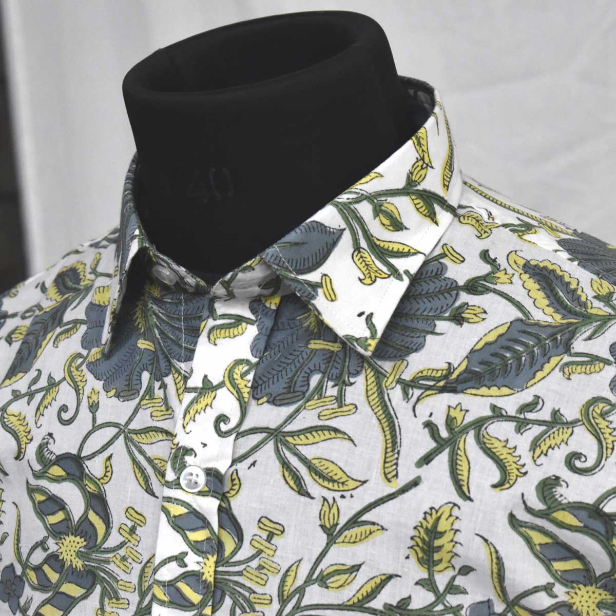 Hand Block Printed Mens Shirt Olive Flower Open 602178