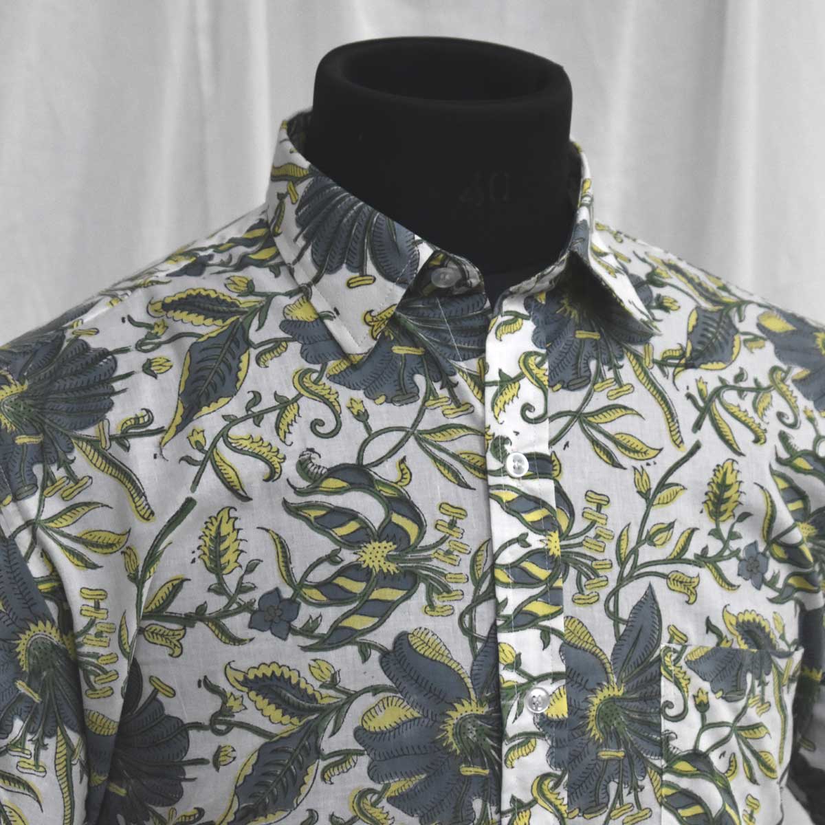 Hand Block Printed Mens Shirt Olive Flower Open 602178