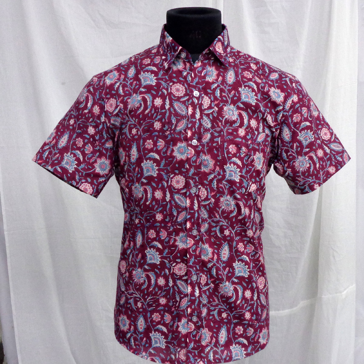 Hand Block Printed Mens Shirt Rukmani Maroon Gud 620607