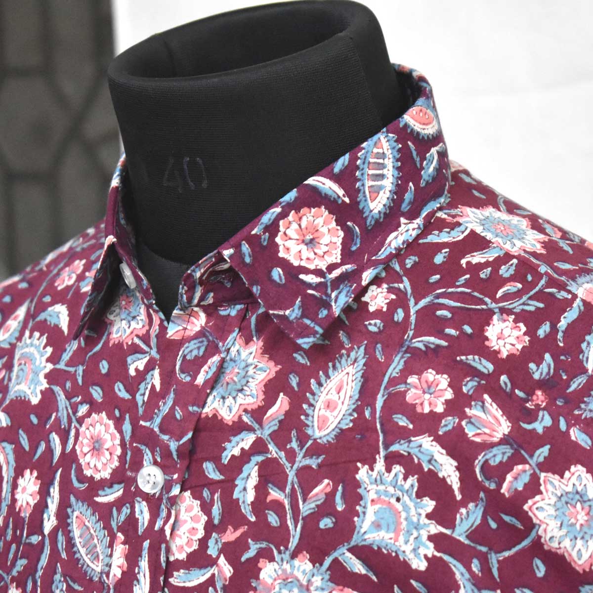 Hand Block Printed Mens Shirt Rukmani Maroon Gud 620607