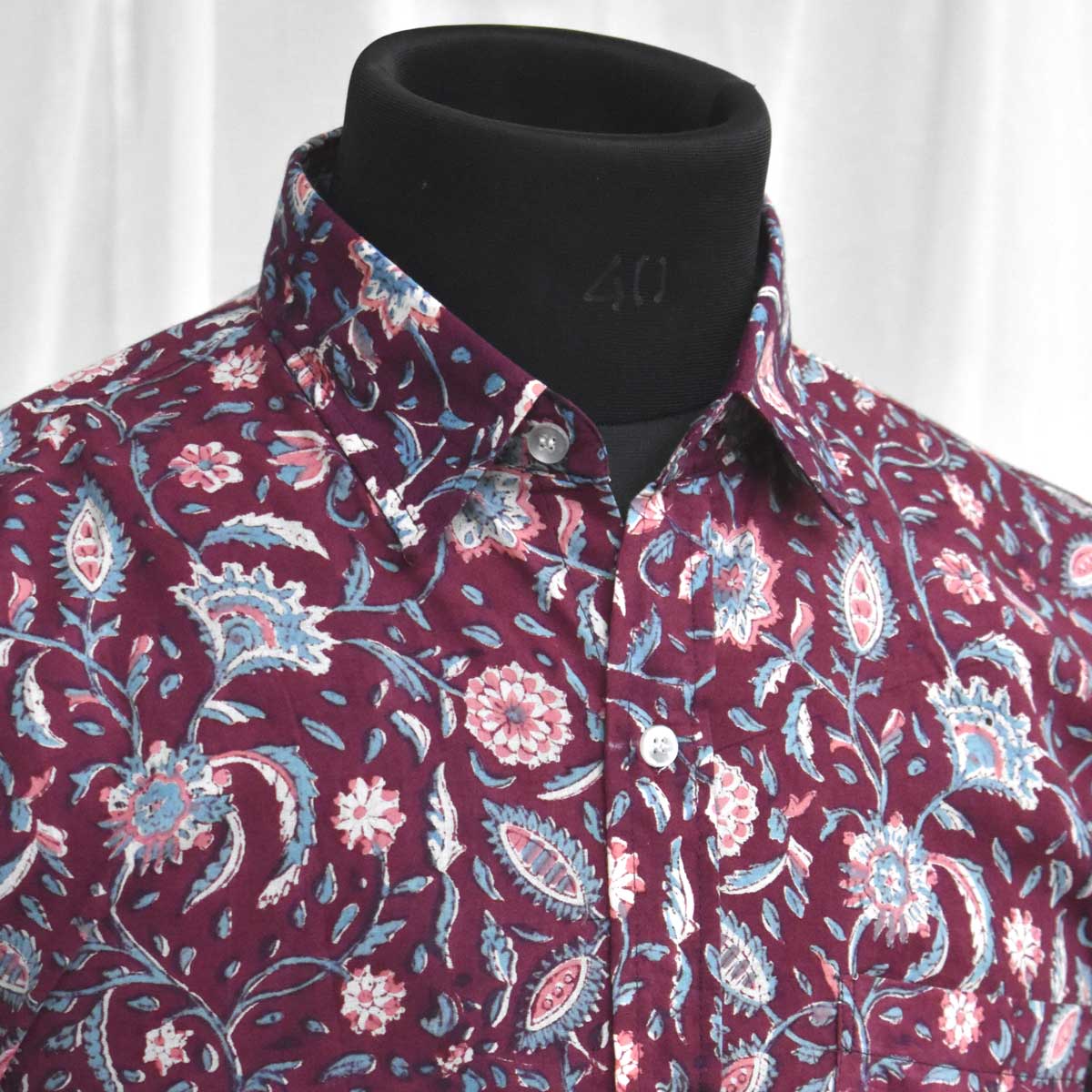 Hand Block Printed Mens Shirt Rukmani Maroon Gud 620607