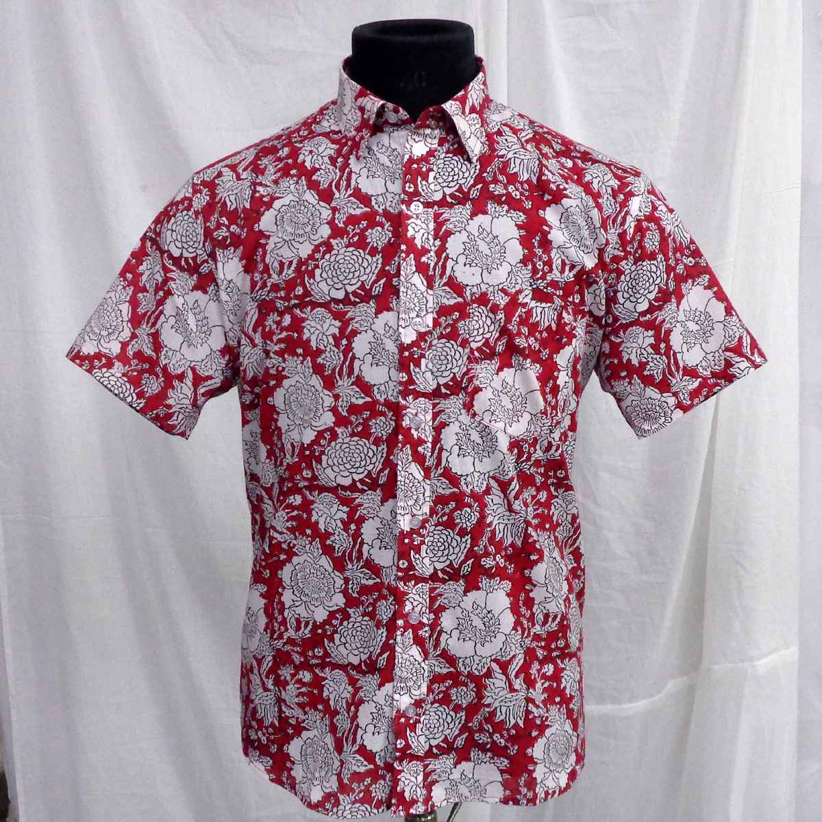 Hand Block Printed Mens Shirt White Outline Flower 103505