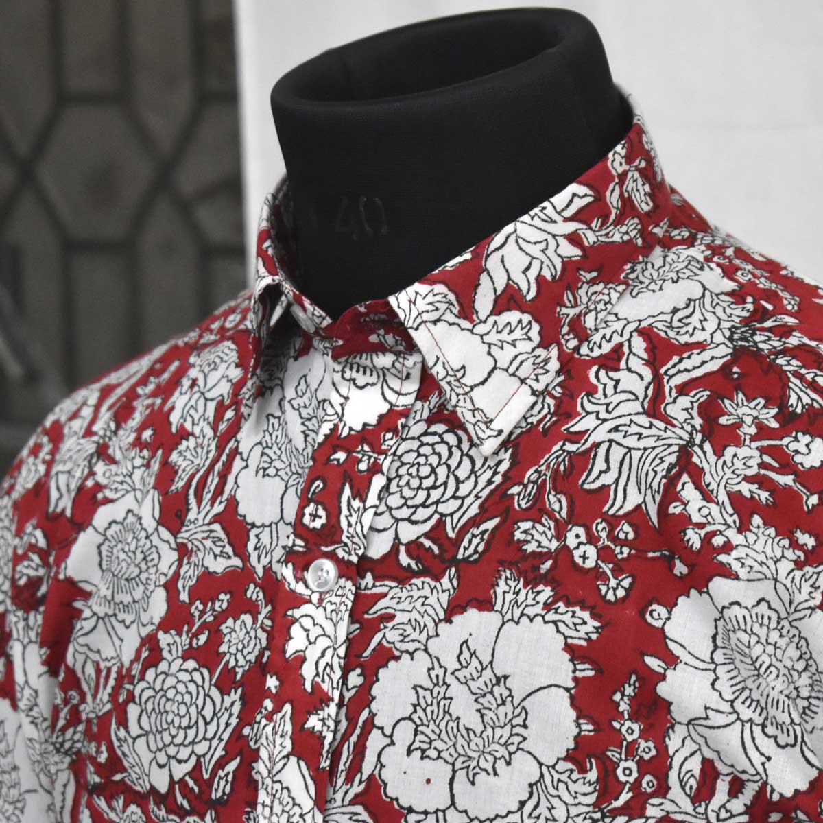 Hand Block Printed Mens Shirt White Outline Flower 103505