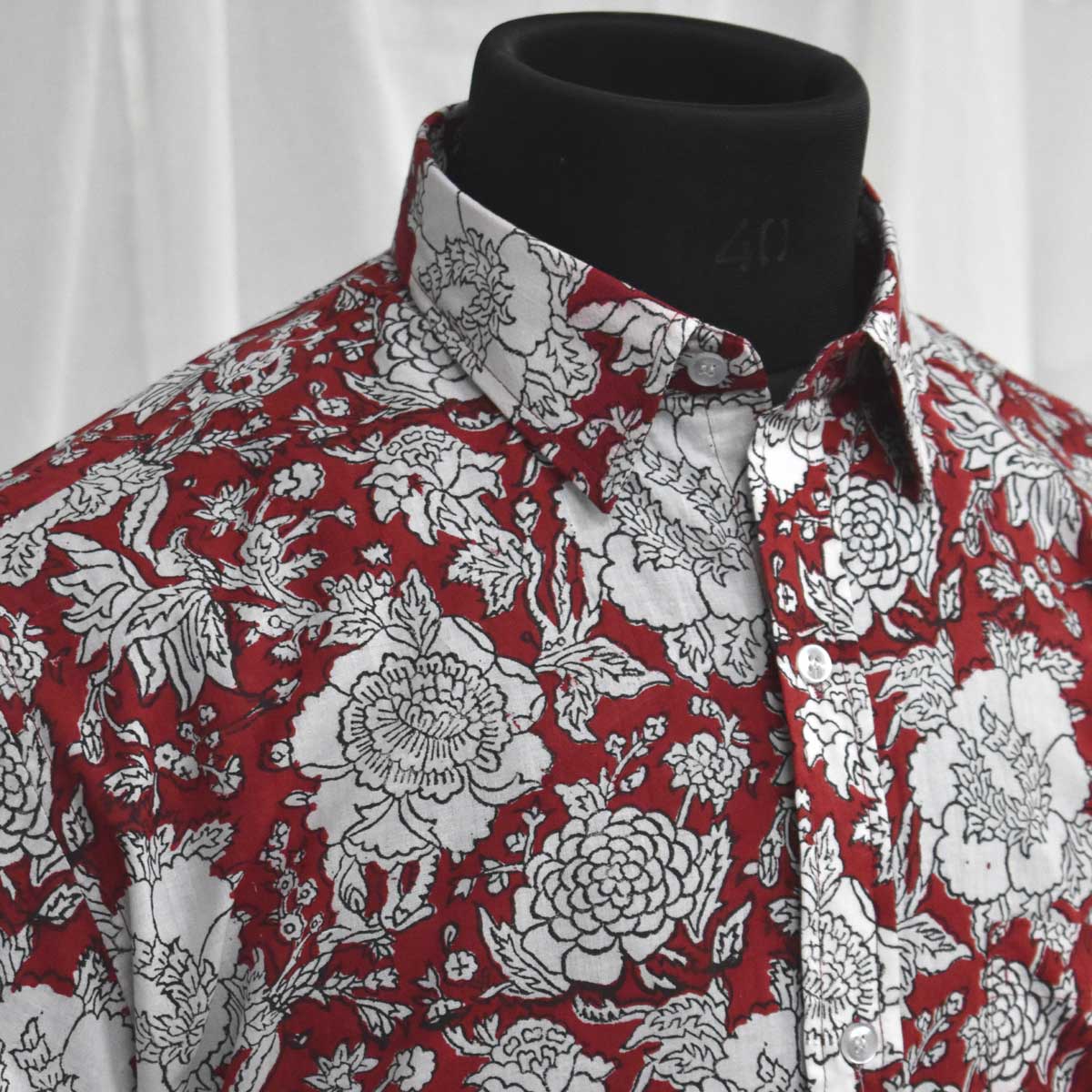 Hand Block Printed Mens Shirt White Outline Flower 103505