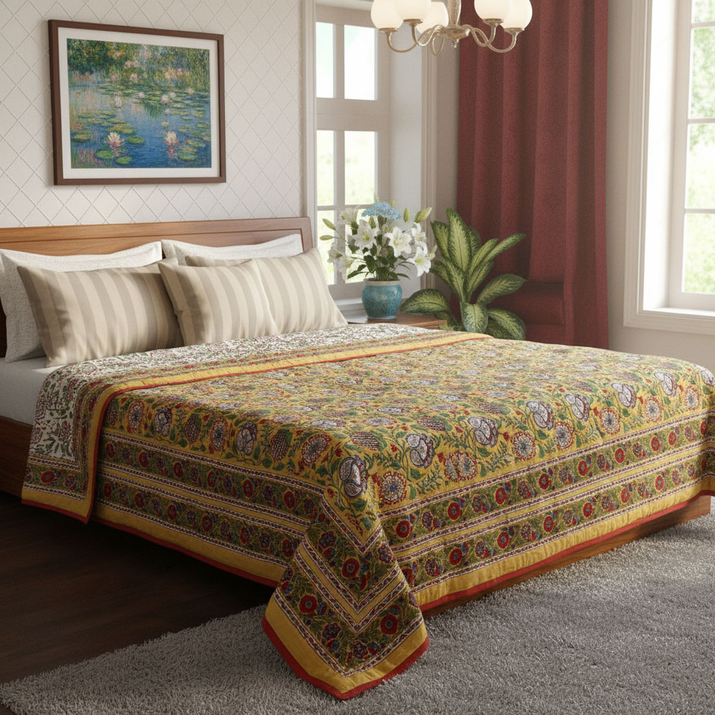 Hand Block Printed Cotton Queen Size Quilt Spring Yellow Garden 251206