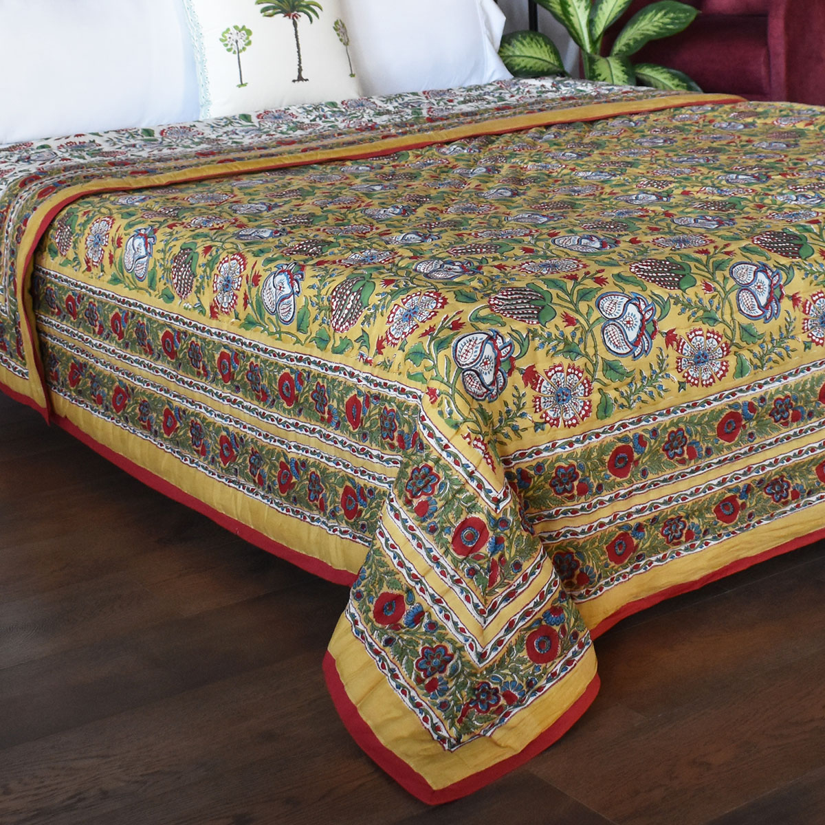 Hand Block Printed Cotton Queen Size Quilt Spring Yellow Garden 251206