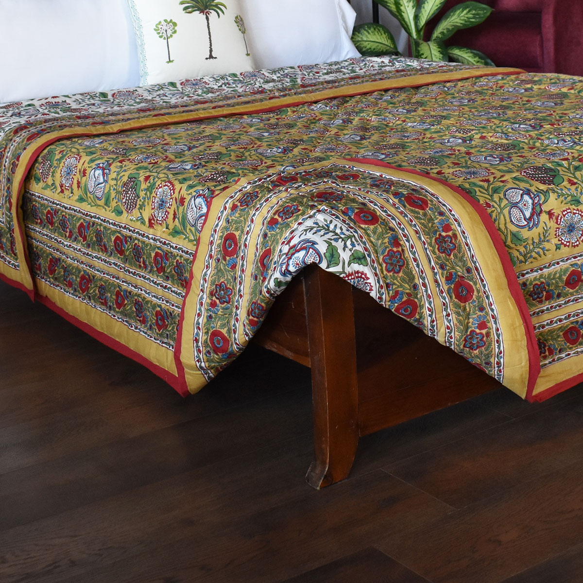 Hand Block Printed Cotton Queen Size Quilt Spring Yellow Garden 251206