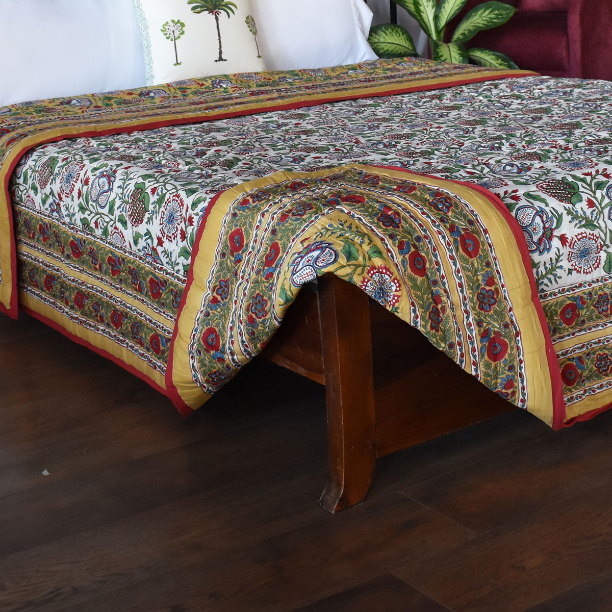 Hand Block Printed Cotton Queen Size Quilt Spring Yellow Garden 251206