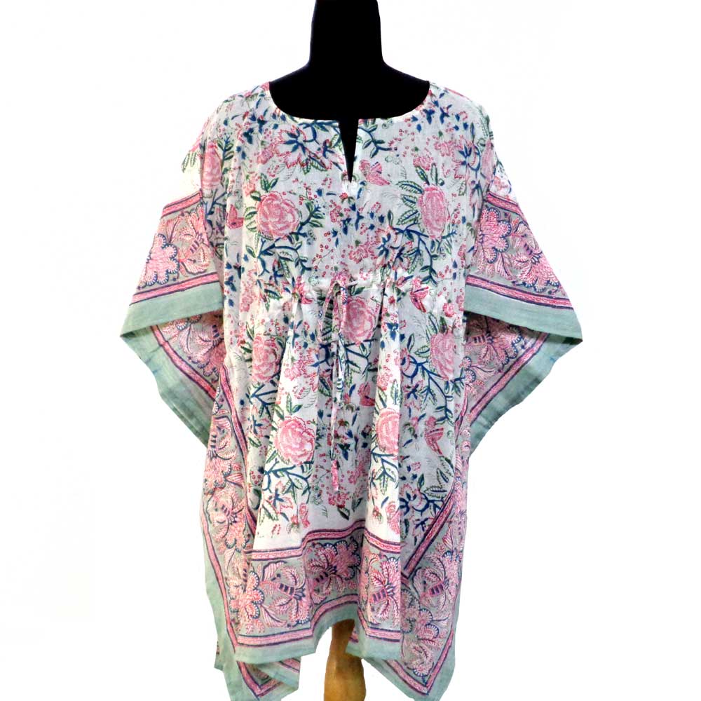 String Kaftan Free Size Indian Block-Printed on Soft Cotton Voile Naya Gulab Open 106938