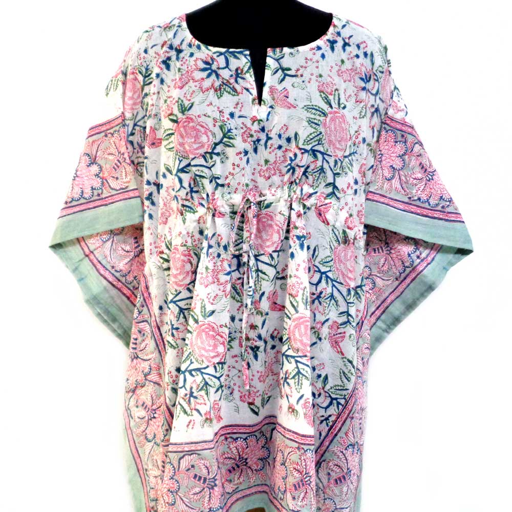 String Kaftan Free Size Indian Block-Printed on Soft Cotton Voile Naya Gulab Open 106938