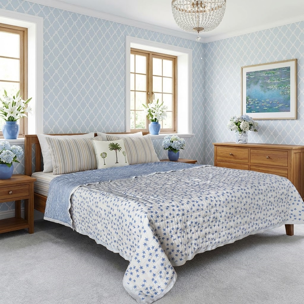 Hand Block Printed Cotton Twin Size Quilt Star Blue 202509