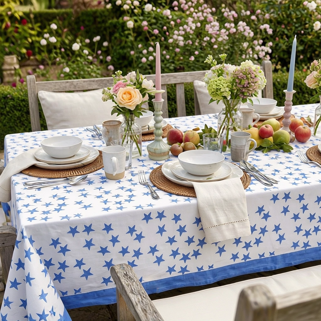 Hand Block Printed Cotton Tablecloth 150x220 cms  Star Blue 202509