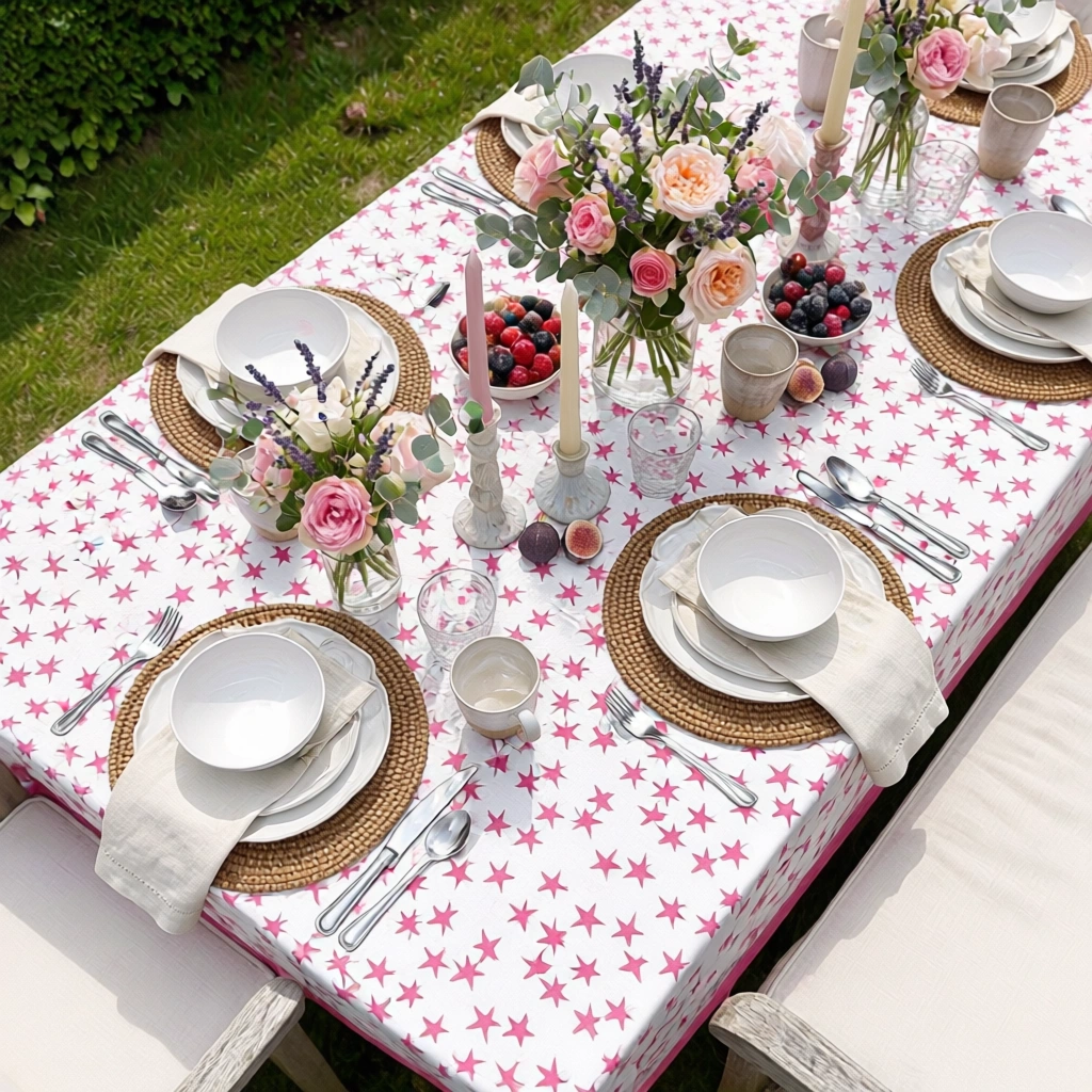Hand Block Printed Cotton Tablecloth 150x220 cms  Star Pink 202511
