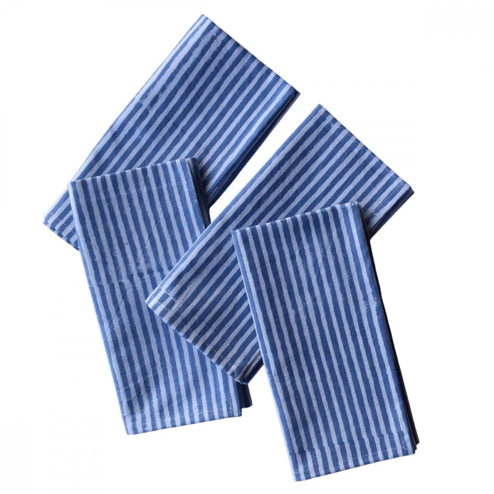 Image of Hand Block Printed Cotton Napkin 45x45 cms (Set of 4 Napkins) | Stripe Blue 202510