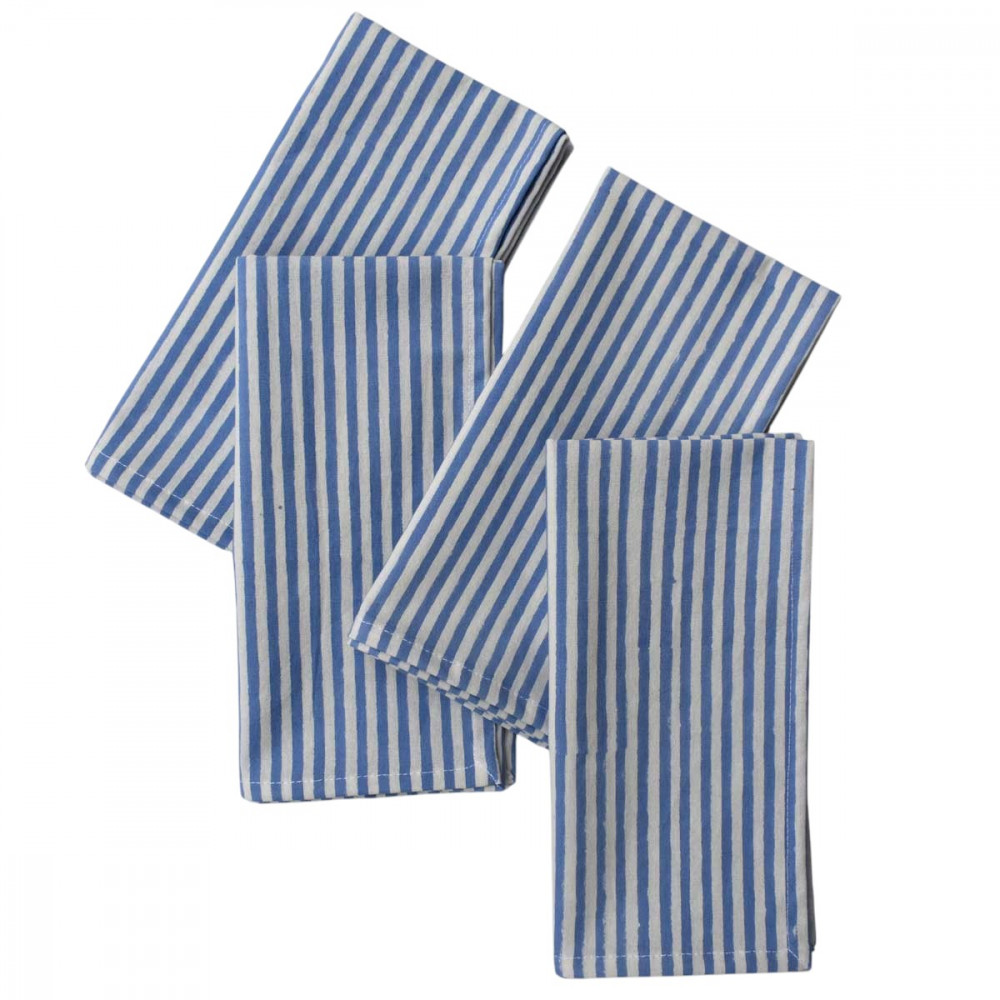 Image of Stripe Blue 202510 Sustainable Hand Block Printed Cotton Napkins, Set of 4