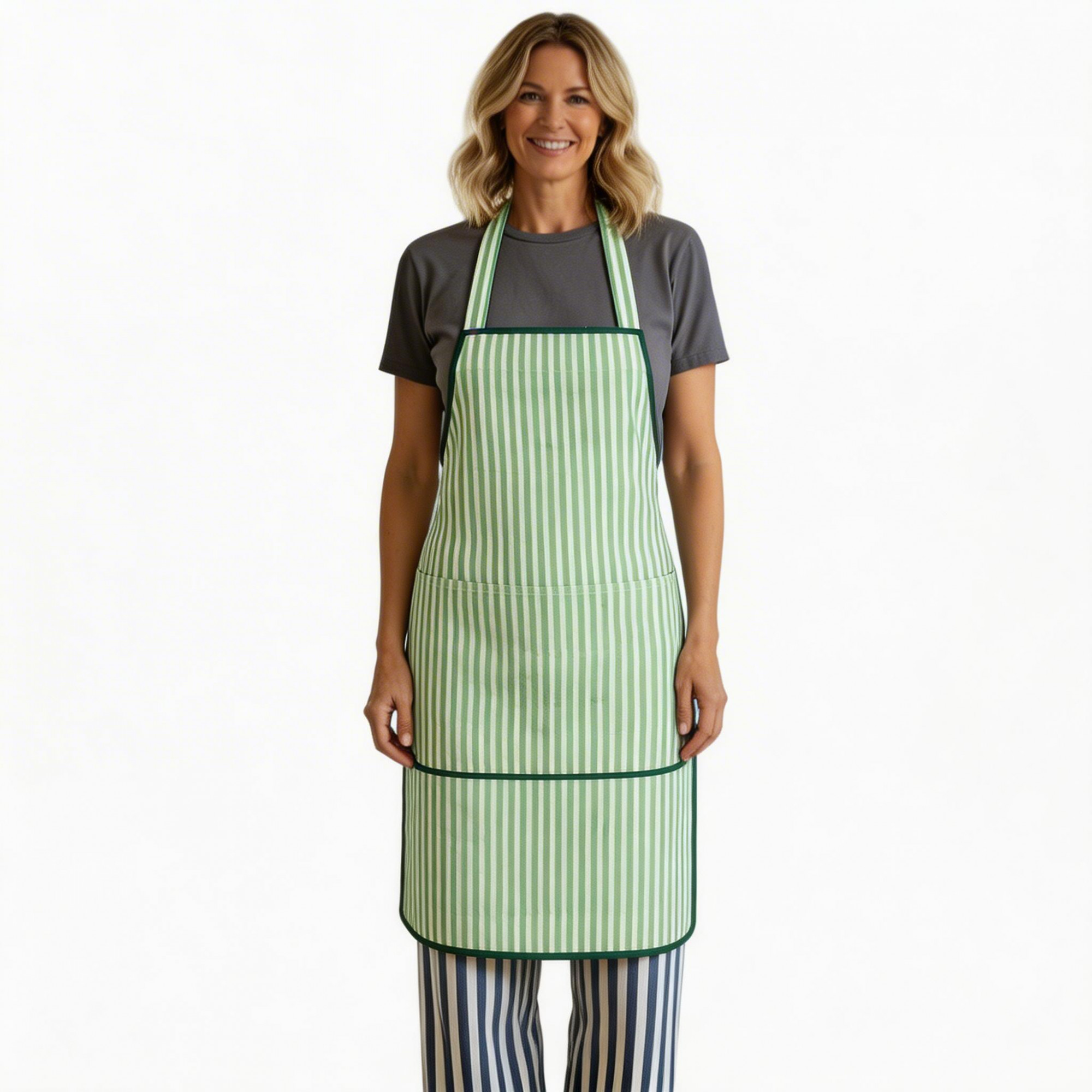 Indian Block-Printed 100 Cotton Apron Stripe Green Olive 202529