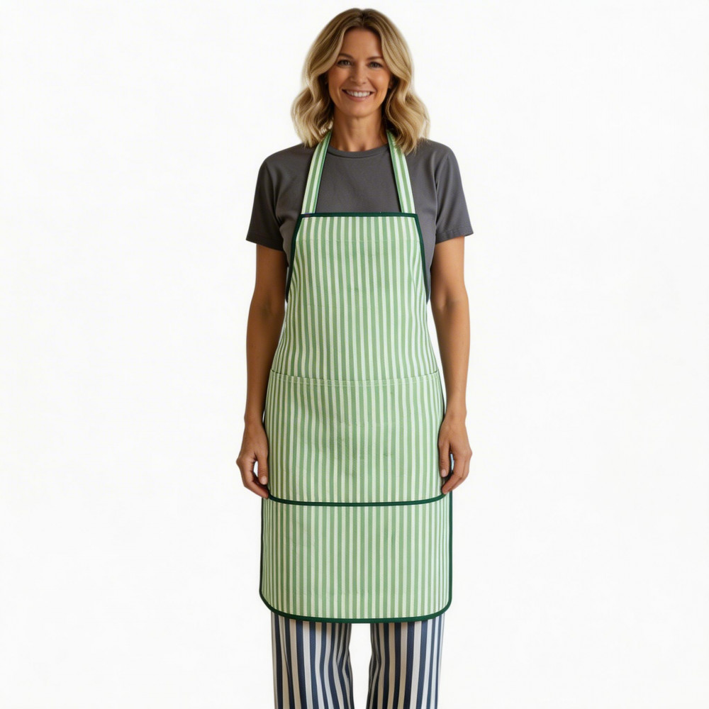 Image of Indian Block-Printed 100% Cotton Apron | Stripe Green Olive 202529