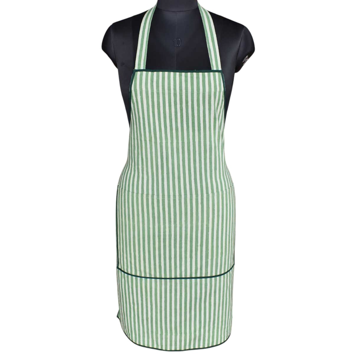 Indian Block-Printed 100 Cotton Apron Stripe Green Olive 202529