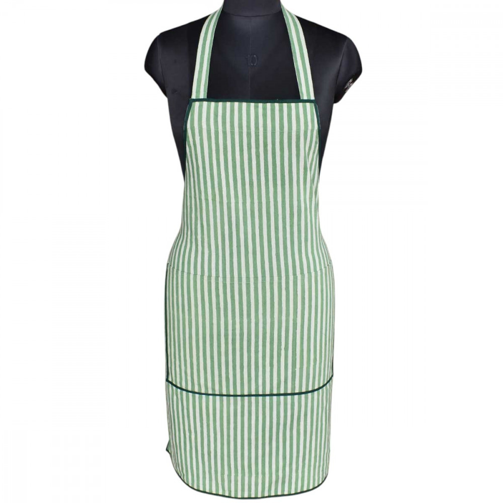 Image of Indian Block-Printed 100% Cotton Apron | Stripe Green Olive 202529