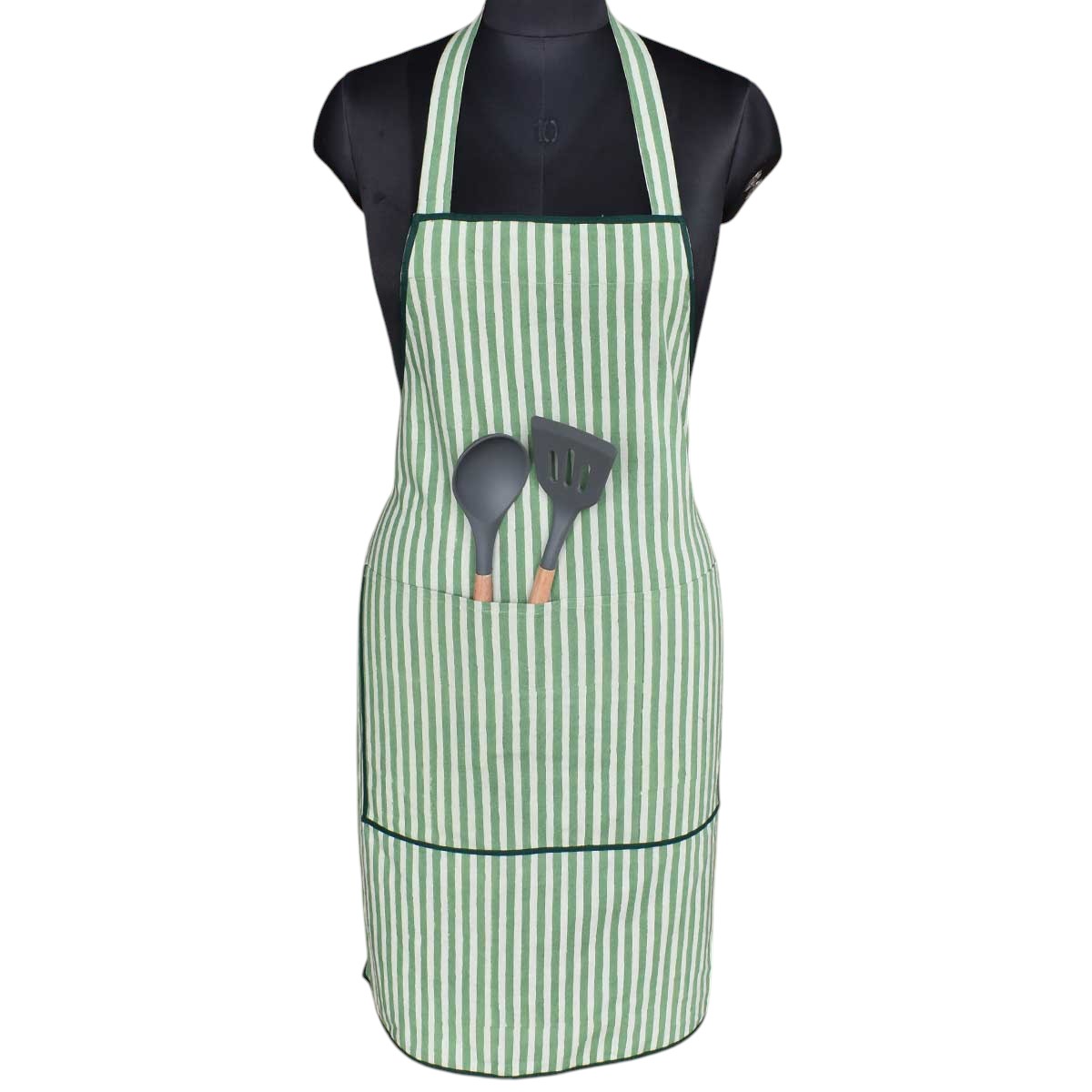 Indian Block-Printed 100 Cotton Apron  Stripe Green Olive 202529