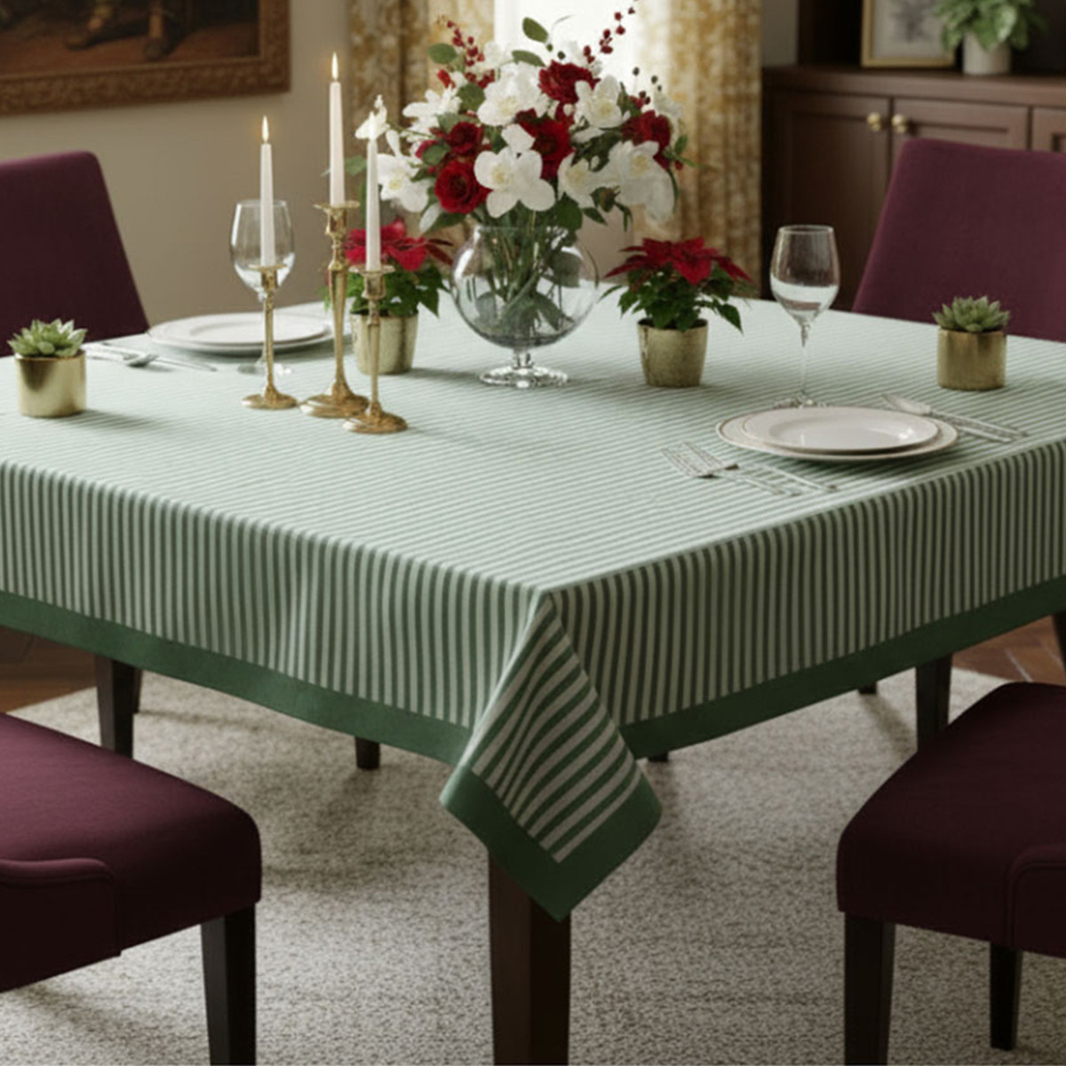 Wood Block Printed Handmade Tablecloth 150x220 cms Stripe Green Olive 202529