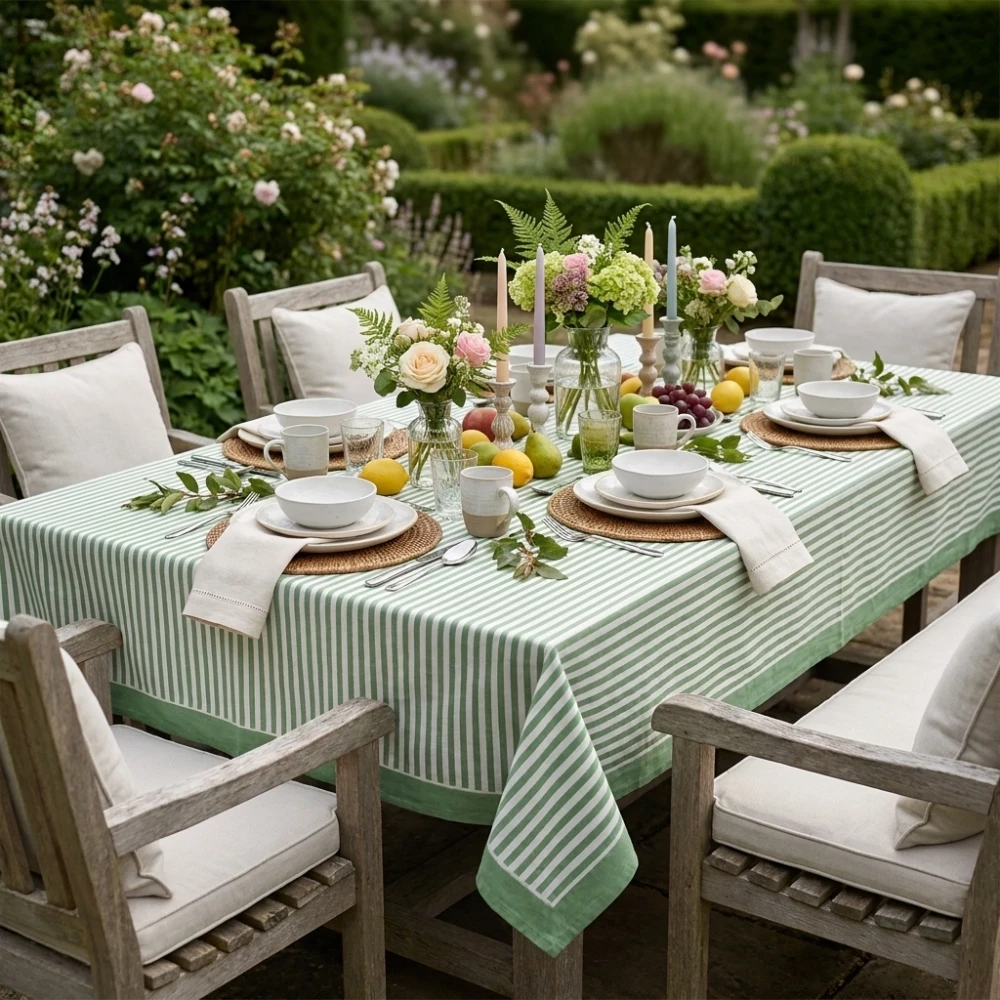 Image of Wood Block Printed Handmade Tablecloth 150x220 cms | Stripe Green Olive 202529