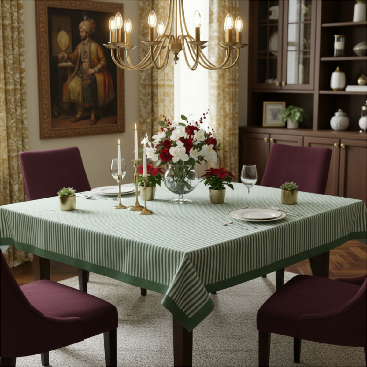 Wood Block Printed Handmade Tablecloth 150x220 cms Stripe Green Olive 202529