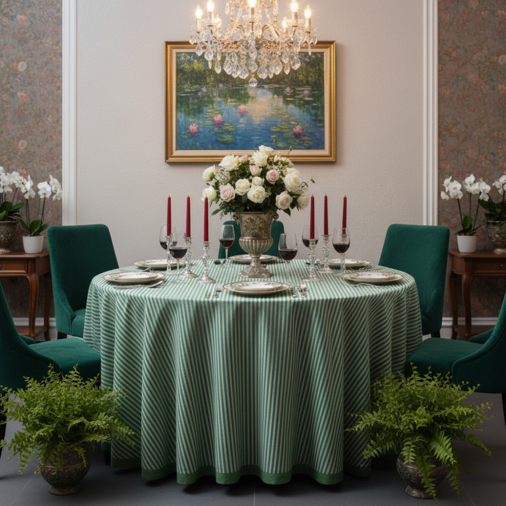 Image of Round 220 cms Cotton French Design Table Cover | Stripe Green Olive 202529