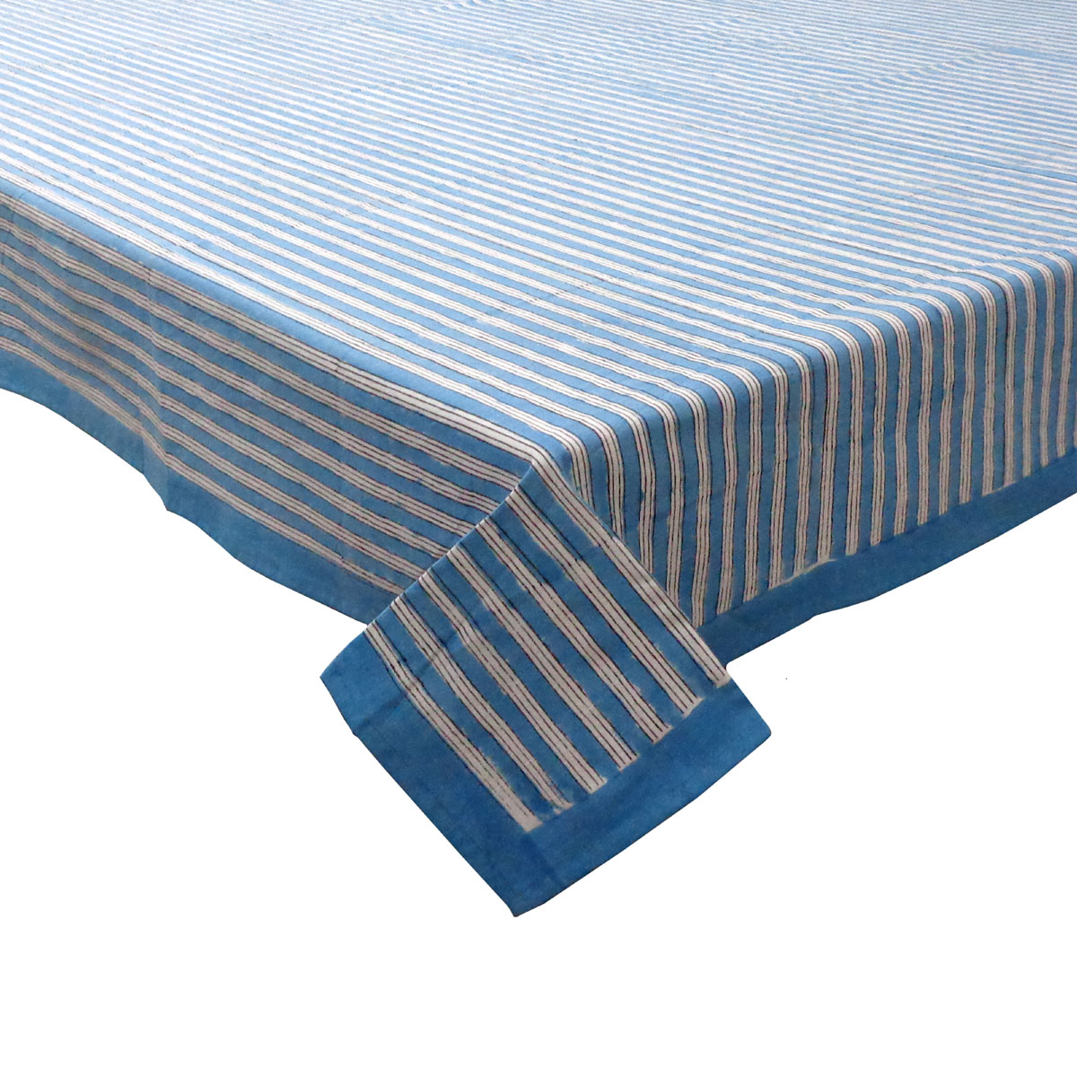 Hand Block Printed Cotton Tablecloth 150x220 cms Stripe Patta Alaskan Blue 234537