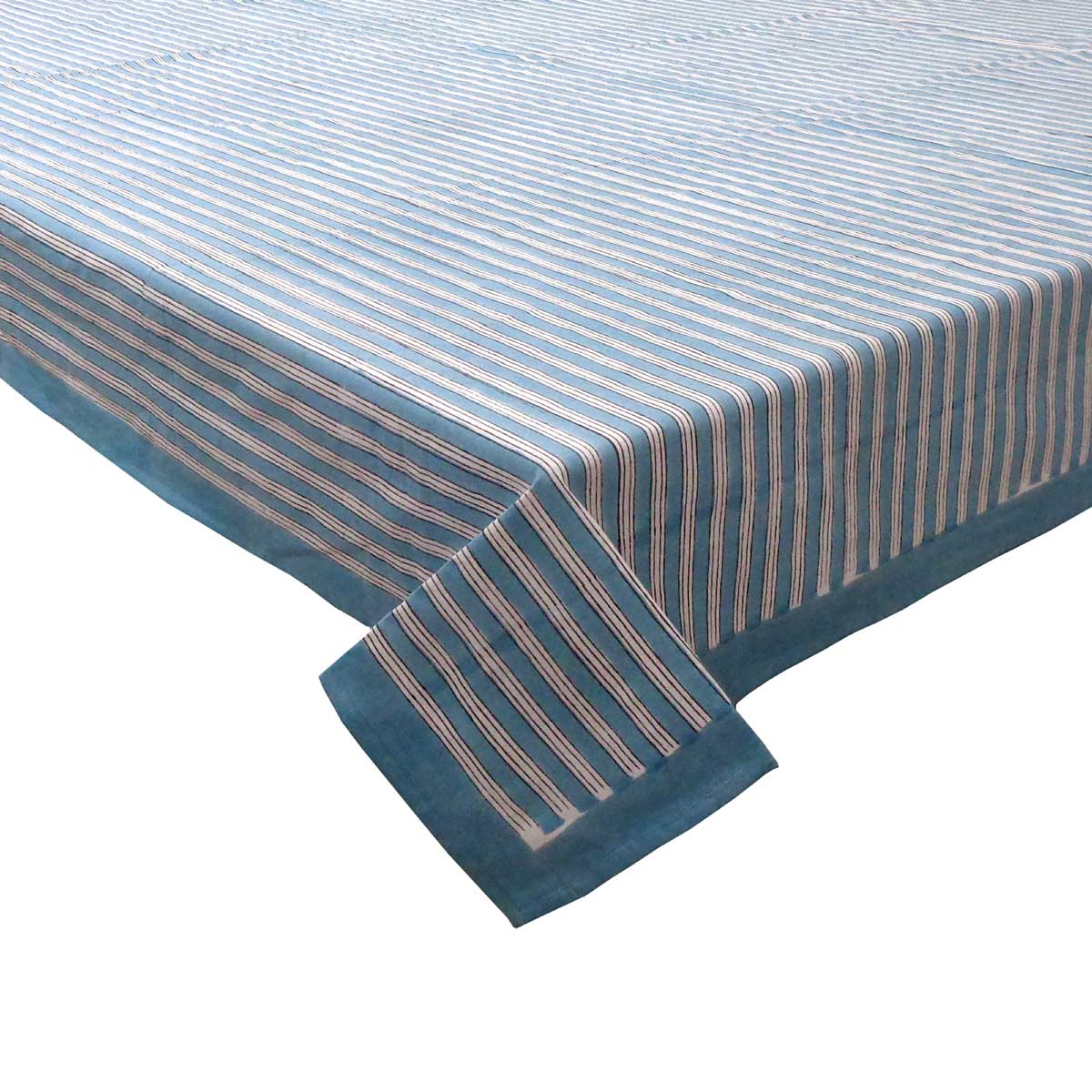 Hand Block Printed Cotton Tablecloth 150x220 cms Stripe Patta Smoke Blue 234541