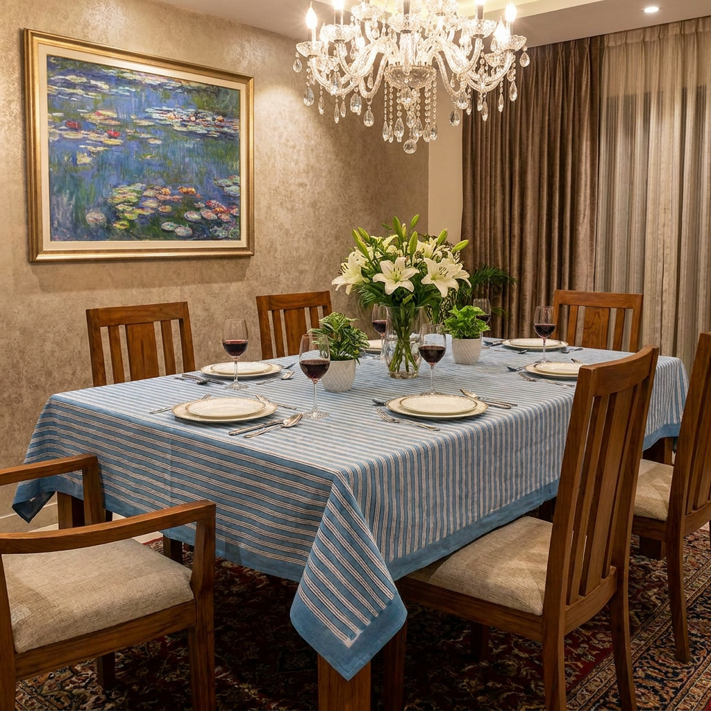 Hand Block Printed Cotton Tablecloth 150x220 cms Stripe Patta Smoke Blue 234541