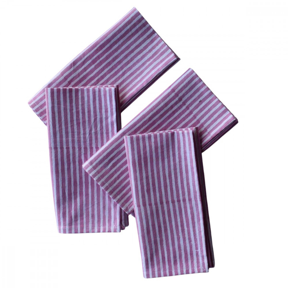 Image of Hand Block Printed Cotton Napkin 45x45 cms (Set of 4 Napkins) | Stripe Pink 202512