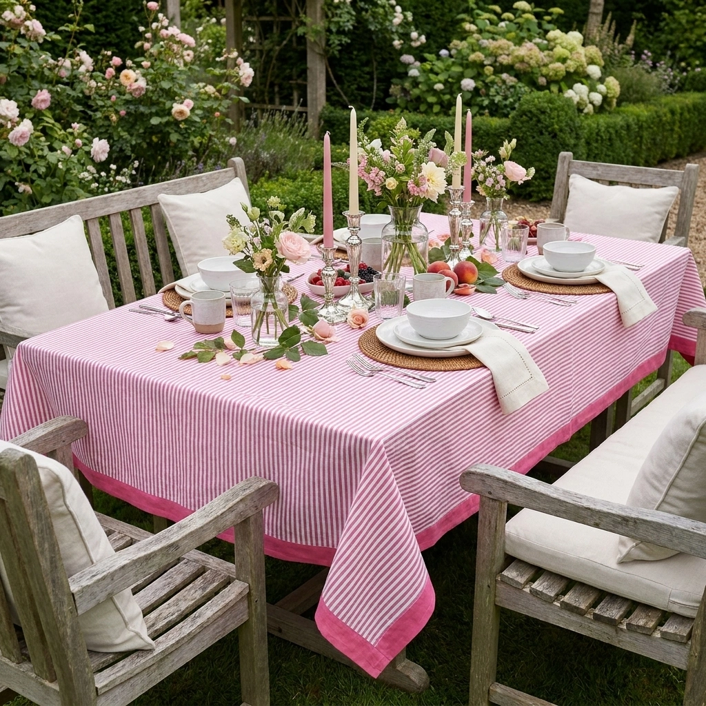 Hand Block Printed Cotton Tablecloth 150x220 cms Stripe pink 261211