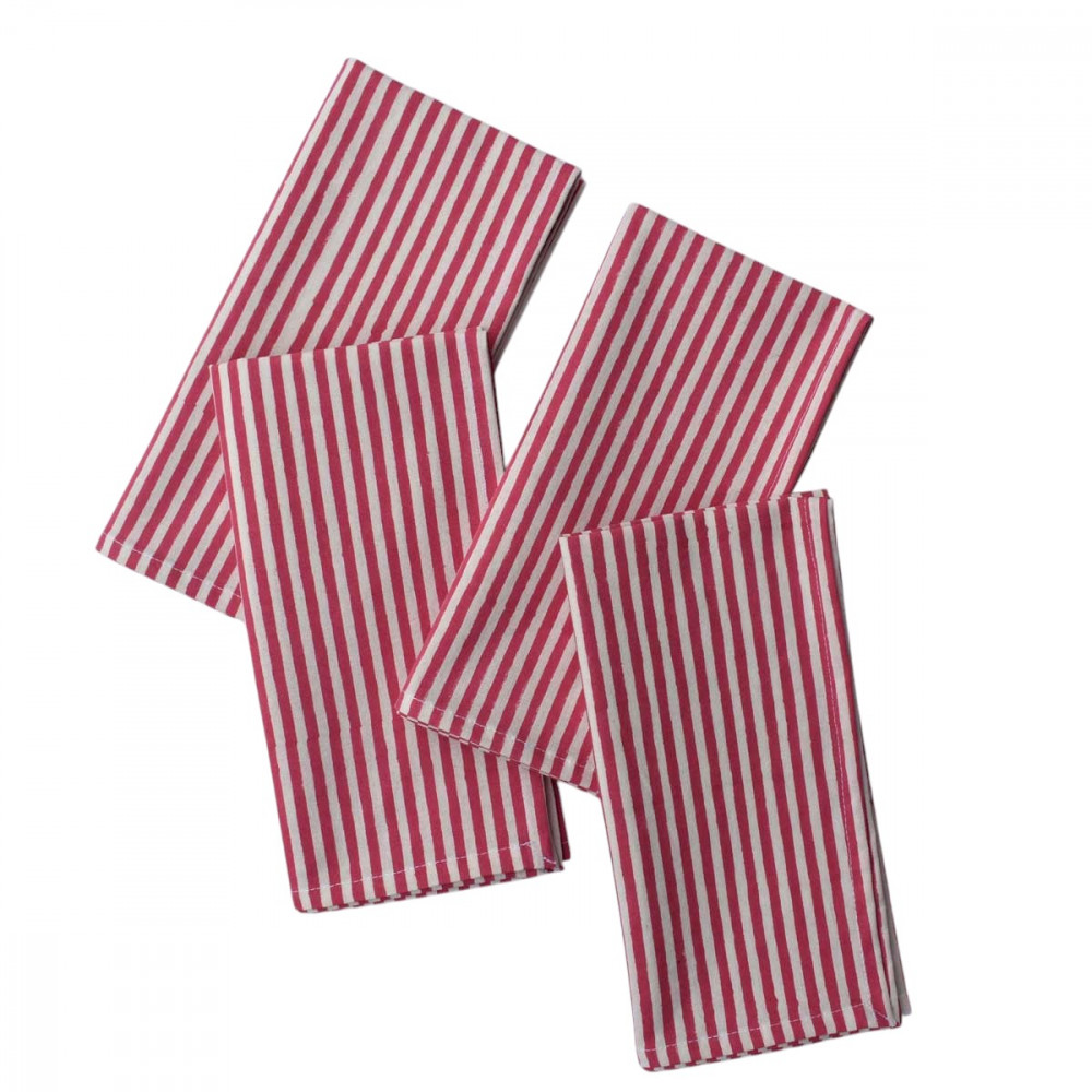 Image of Stripe Pink 261211 Sustainable Hand Block Printed Cotton Napkins, Set of 4