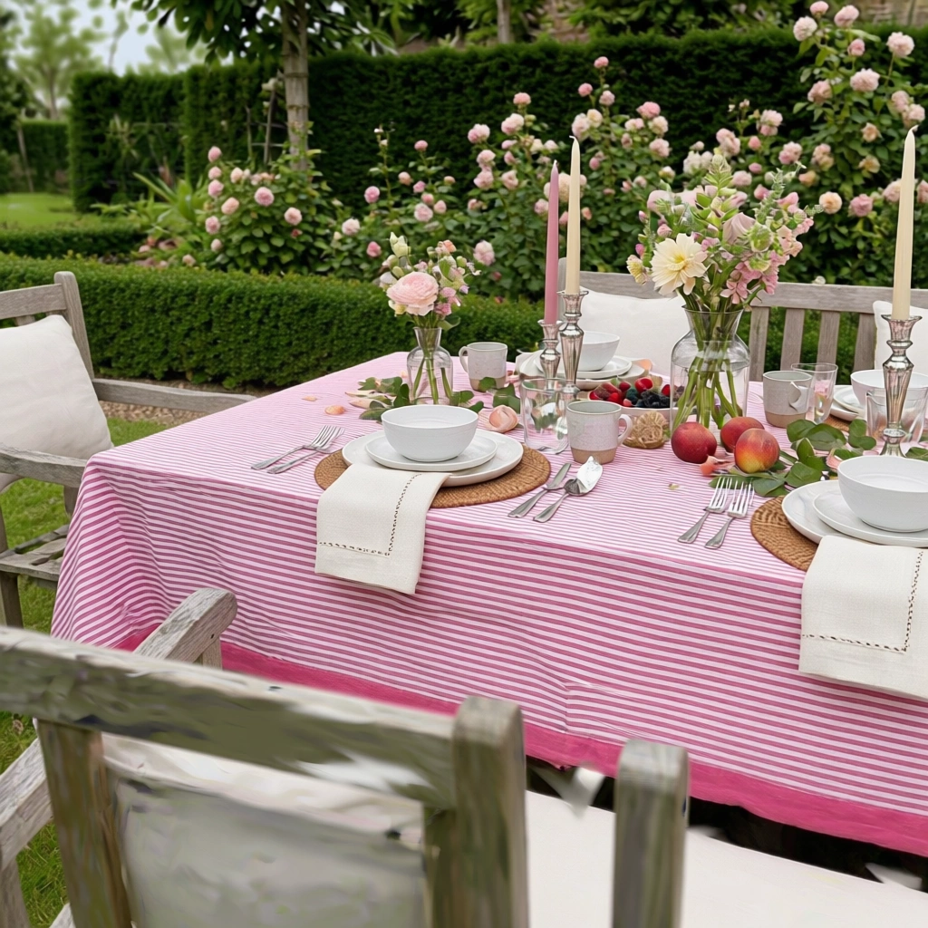 Hand Block Printed Cotton Tablecloth 150x220 cms  Stripe pink 261211