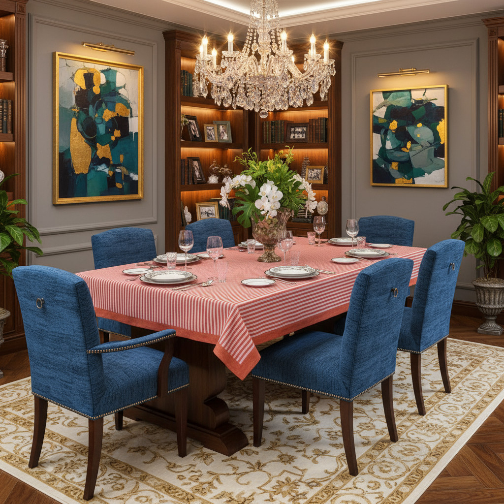 Hand Block Printed Cotton Tablecloth 150x150 cms  Stripe Pink Red 207993