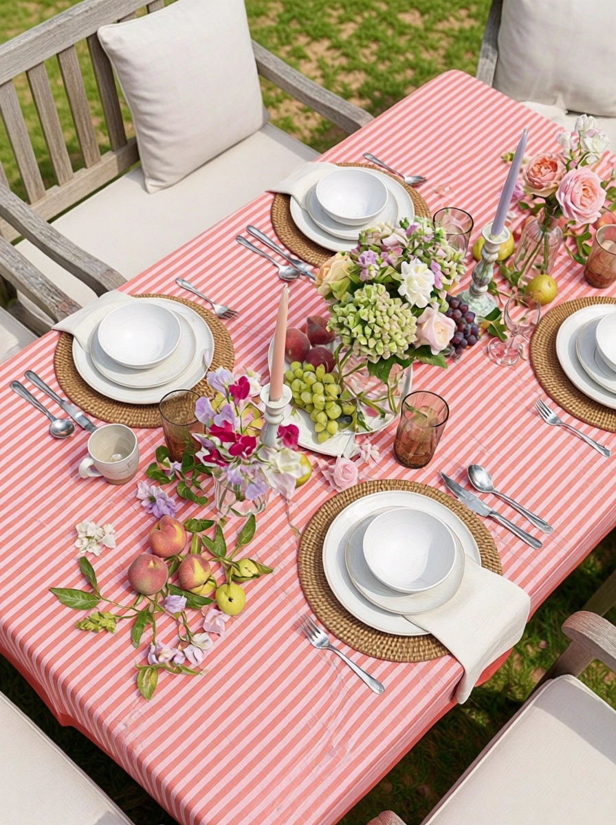 Wood Block Printed Handmade Tablecloth 150x220 cms Stripe Pink Red 207993