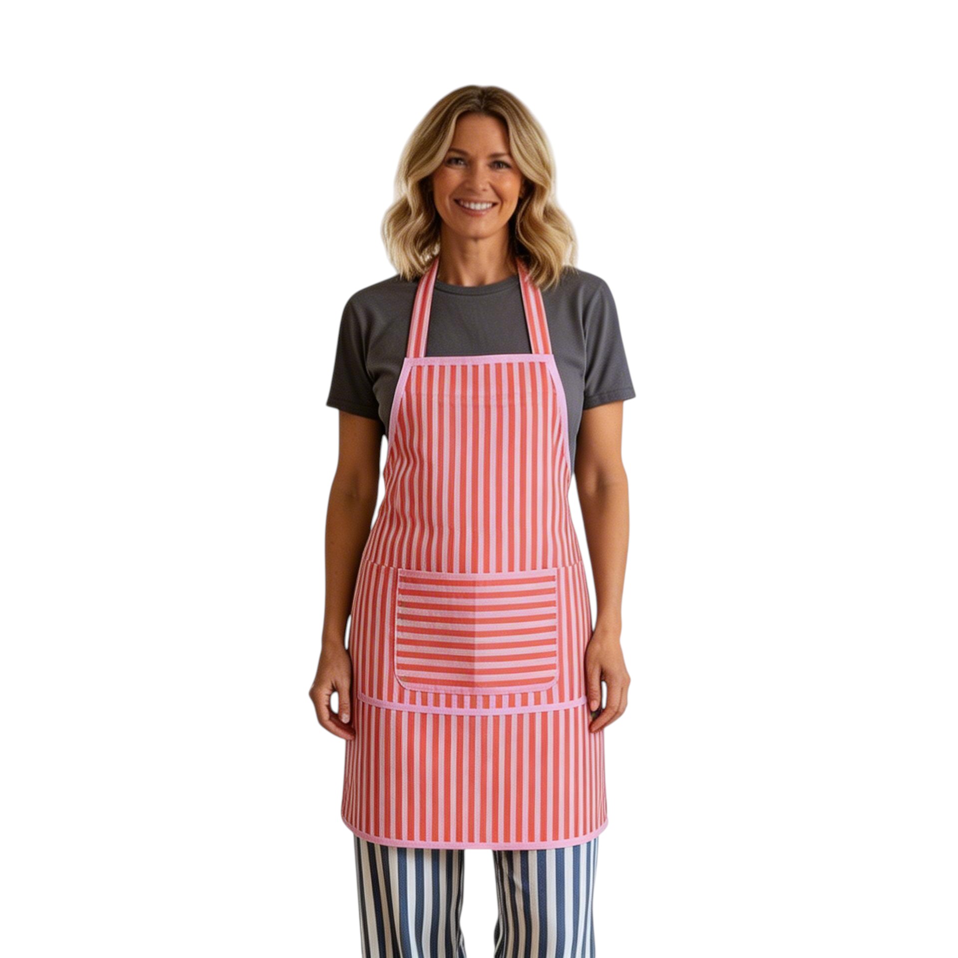 Indian Block-Printed 100 Cotton Apron  Stripe Pink Red 207993